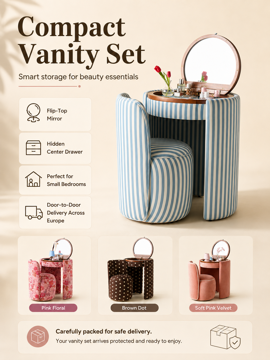 Qcncln Upholstered Vanity & Stool Set