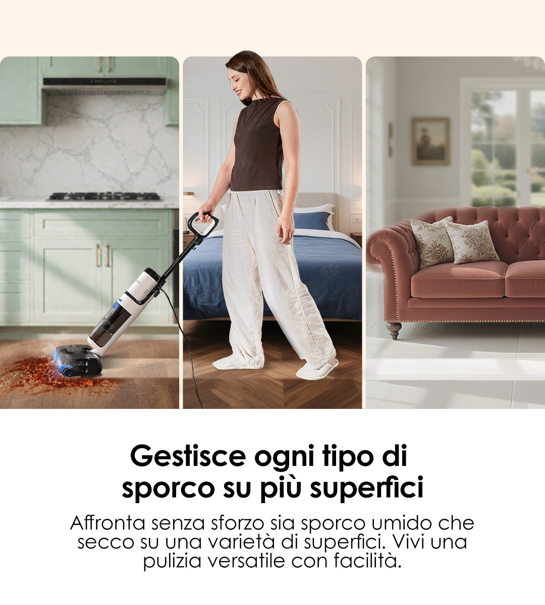 A woman uses a vacuum cleaner on a wooden floor, with a kitchen and a bedroom in the background, showcasing cleaning versatility.