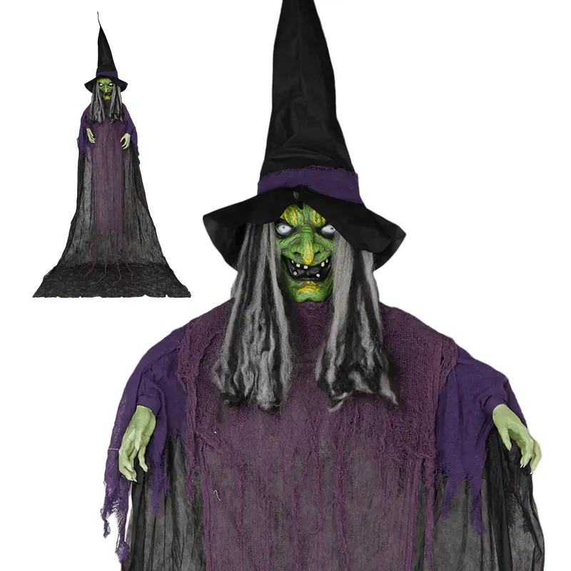 12ft Giant Hanging Witch Halloween Decor, Sound & Motion Activated Animatronic Witch with Glowing LED Eyes, Scary Talking Witch Prop for Yard Haunted House Party Decor, Battery Operated (Batteries Not Included)
