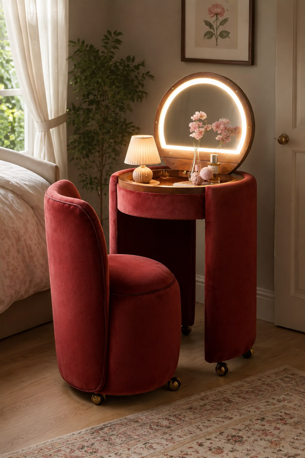 Qcncln Upholstered Vanity & Stool Set (Touch‑LED,Flip-Top Mirror)