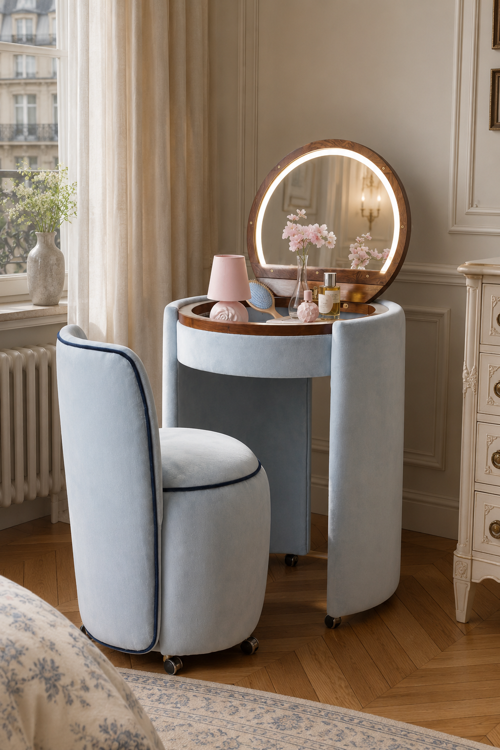Qcncln Upholstered Vanity & Stool Set (Touch‑LED,Flip-Top Mirror)