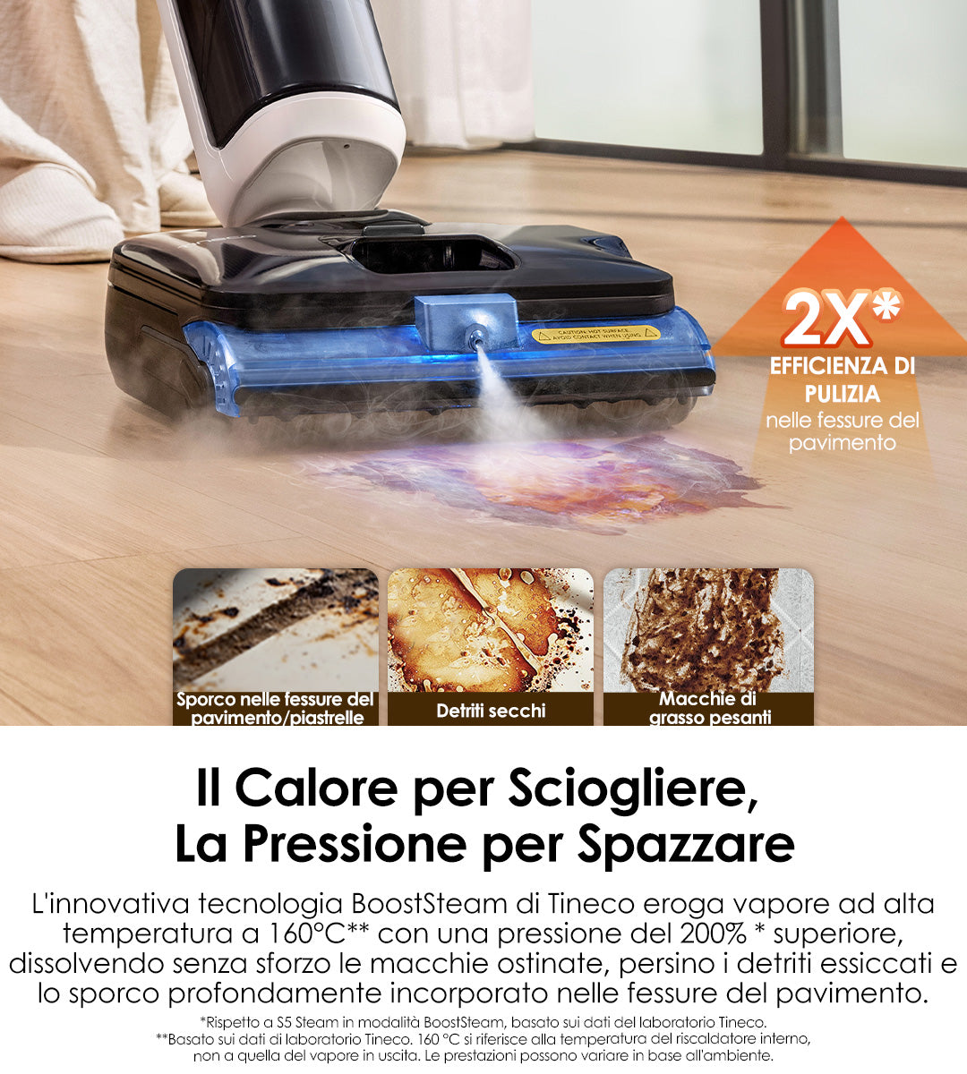 A steam cleaning device is shown in action, highlighting its features for deep cleaning stubborn dirt and stains on floors.