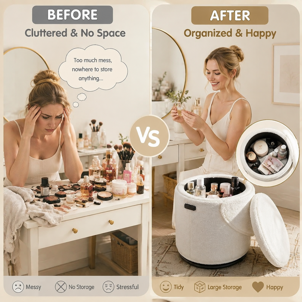 🎉 Free Makeup Organizer Included 🎉 Qcncln Cow Print Vanity Stool with Storage