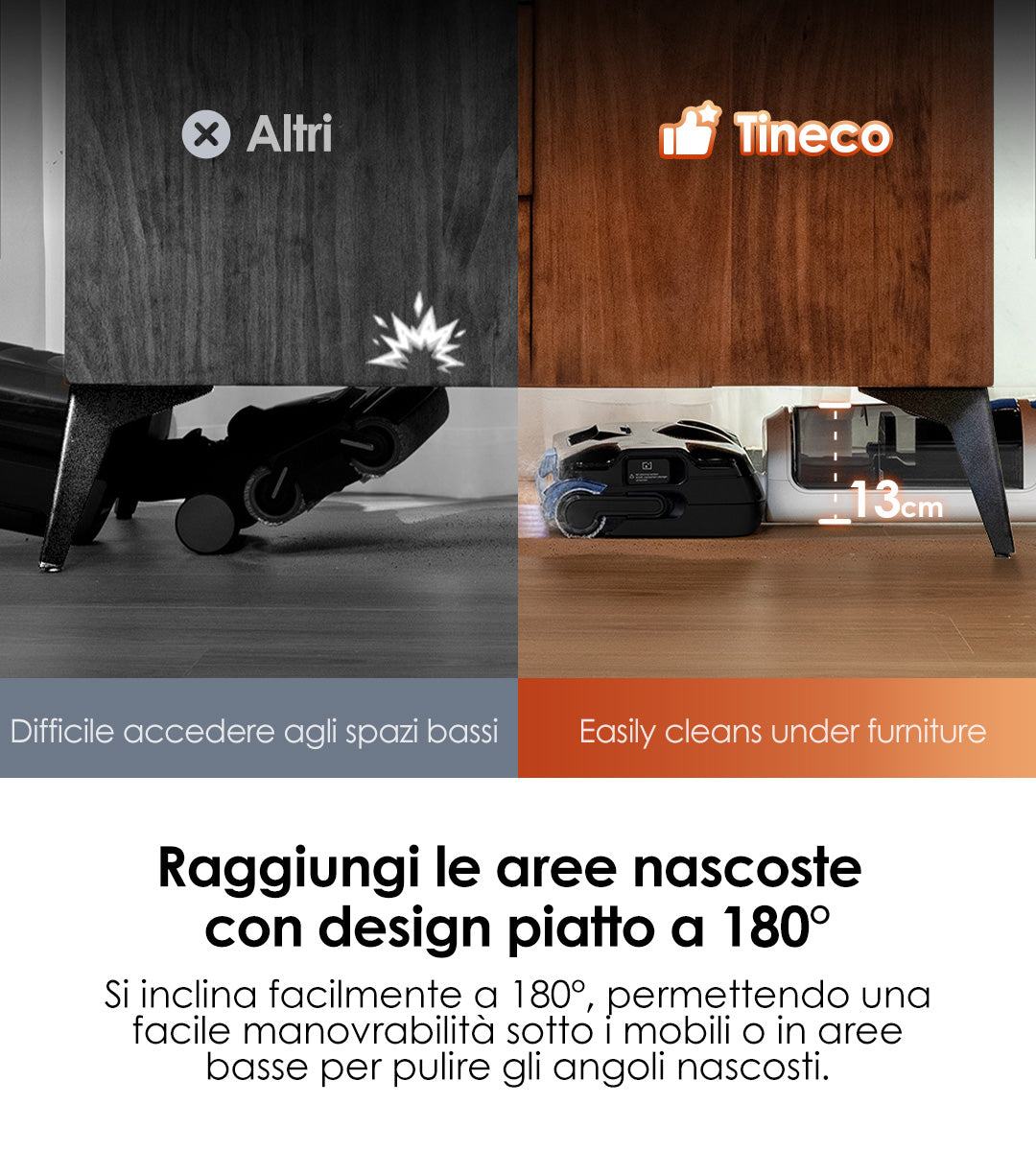 Comparison of vacuum cleaners: one struggles to reach low spaces, while the other easily cleans under furniture.
