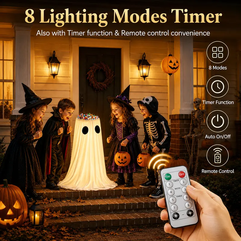 Halloween Glowing Ghost Candy Holder Bowl, Festive Decor with String Lights, Timer & Remote for Trick-or-Treating, Lawn Outdoor Indoor Use to Light Up Your Space