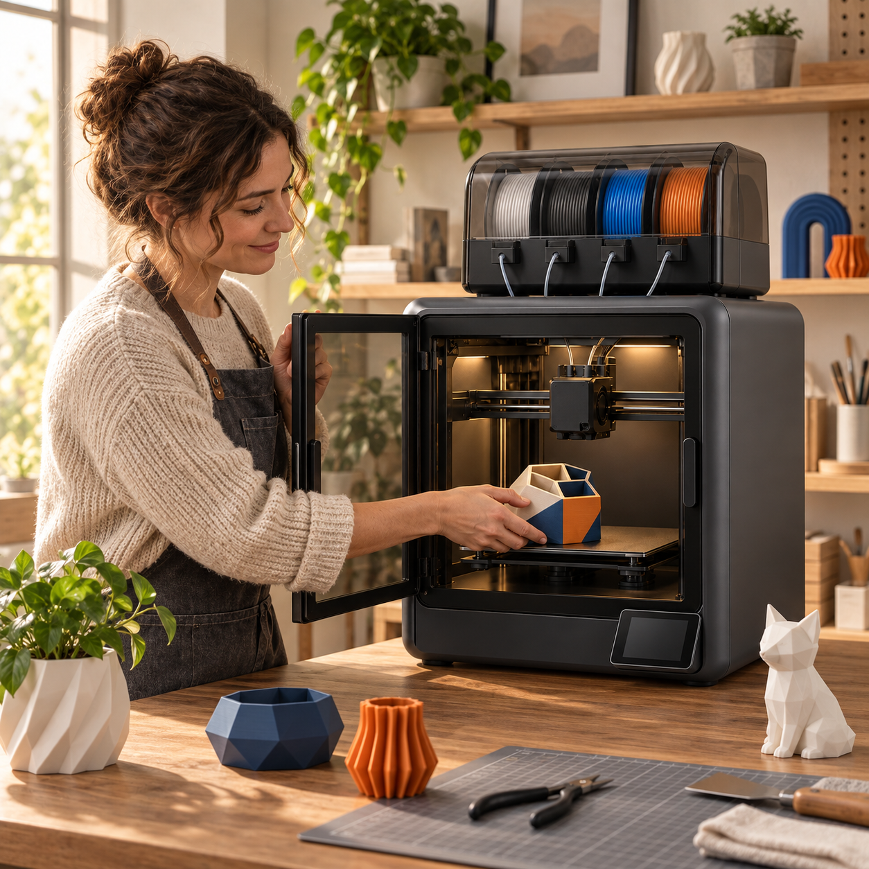 Maker removing a finished multicolor object from an enclosed 3D printer