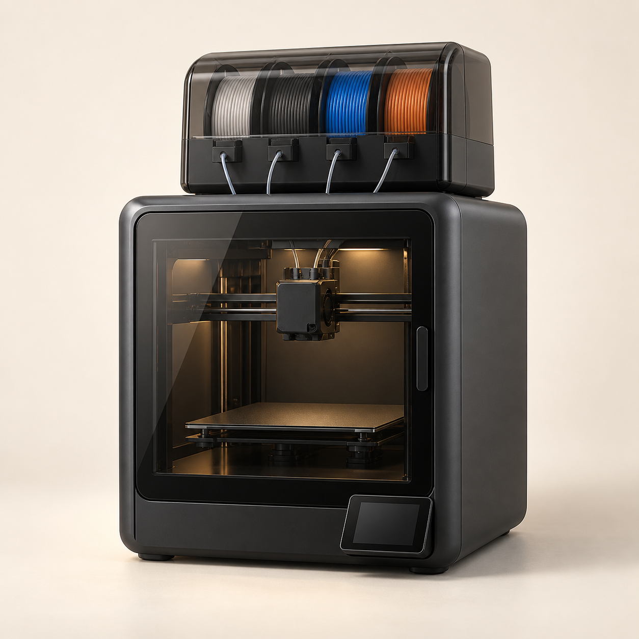 Four-spool feeder on top of an enclosed desktop printer