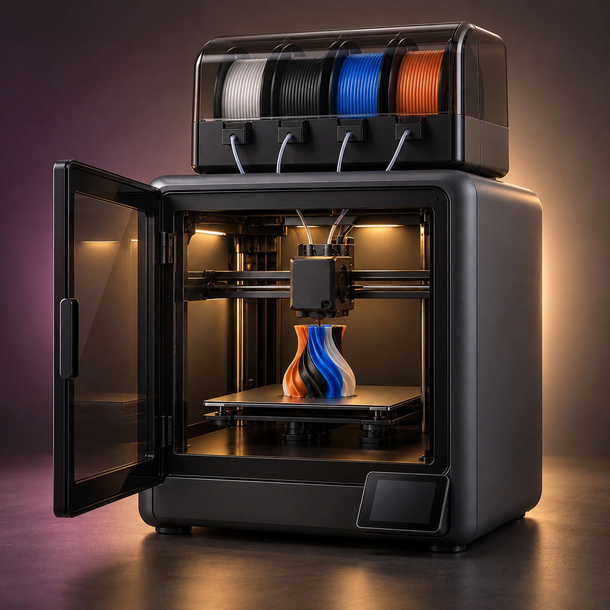 Illuminated build chamber inside a dark enclosed 3D printer