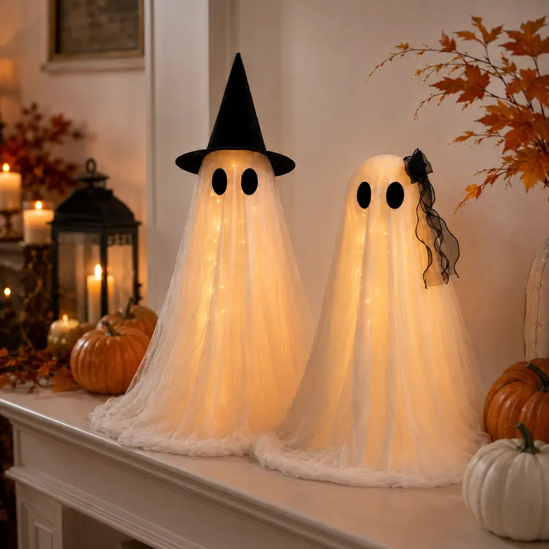 2-Pack Spooky Halloween Indoor Ghost Decor Kit - Home Supplies with Upgraded Fabric, Timer Remote Control, Ideal for Indoor Table, Cabinet, Fireplace