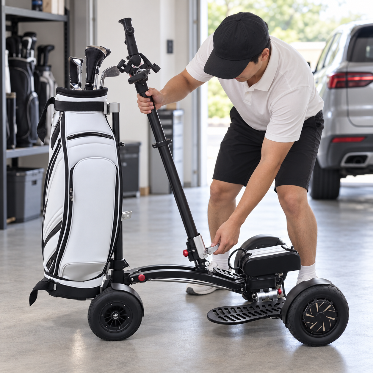 Foldable frame on golf trolley scooter