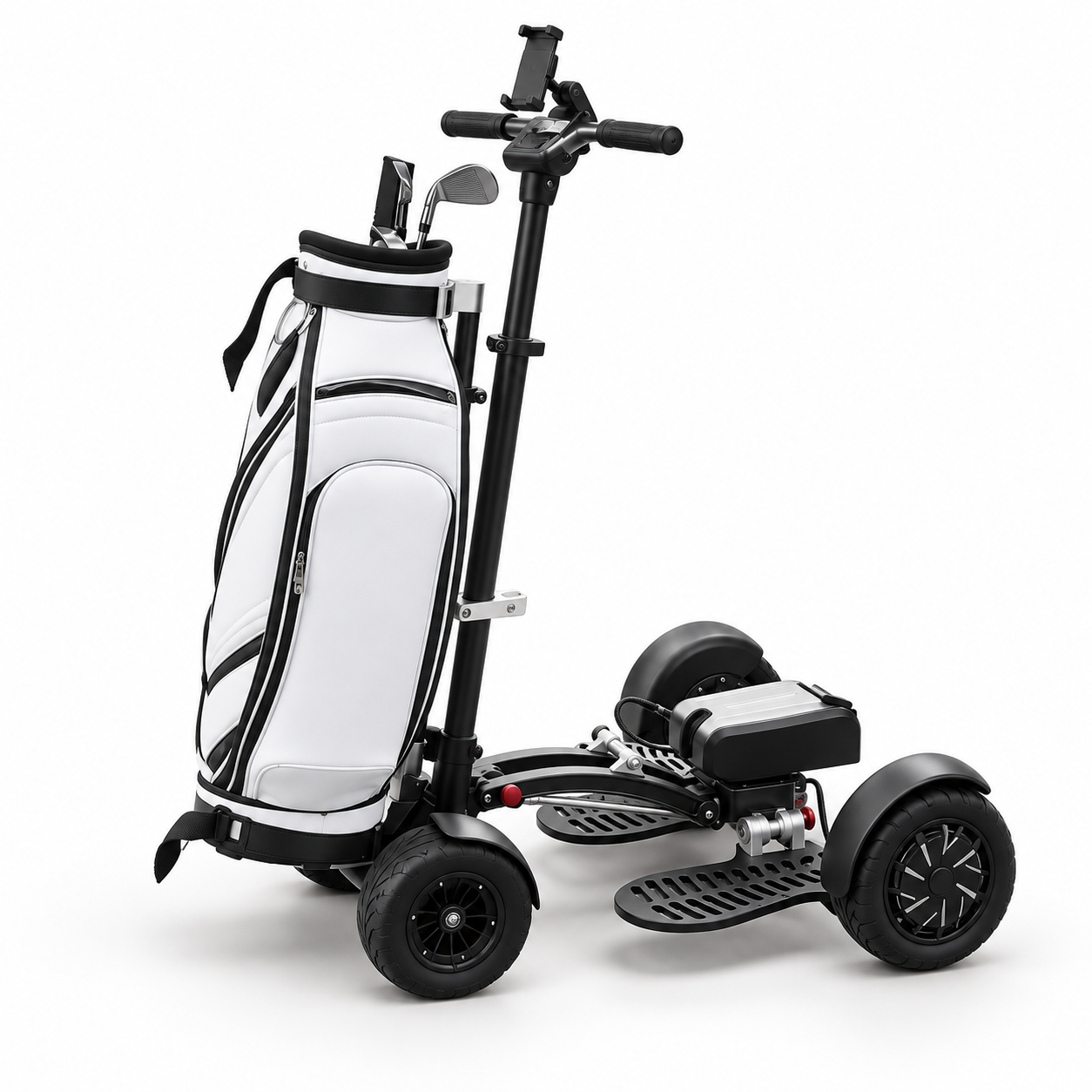 Foldable golf trolley scooter with upright golf bag mount
