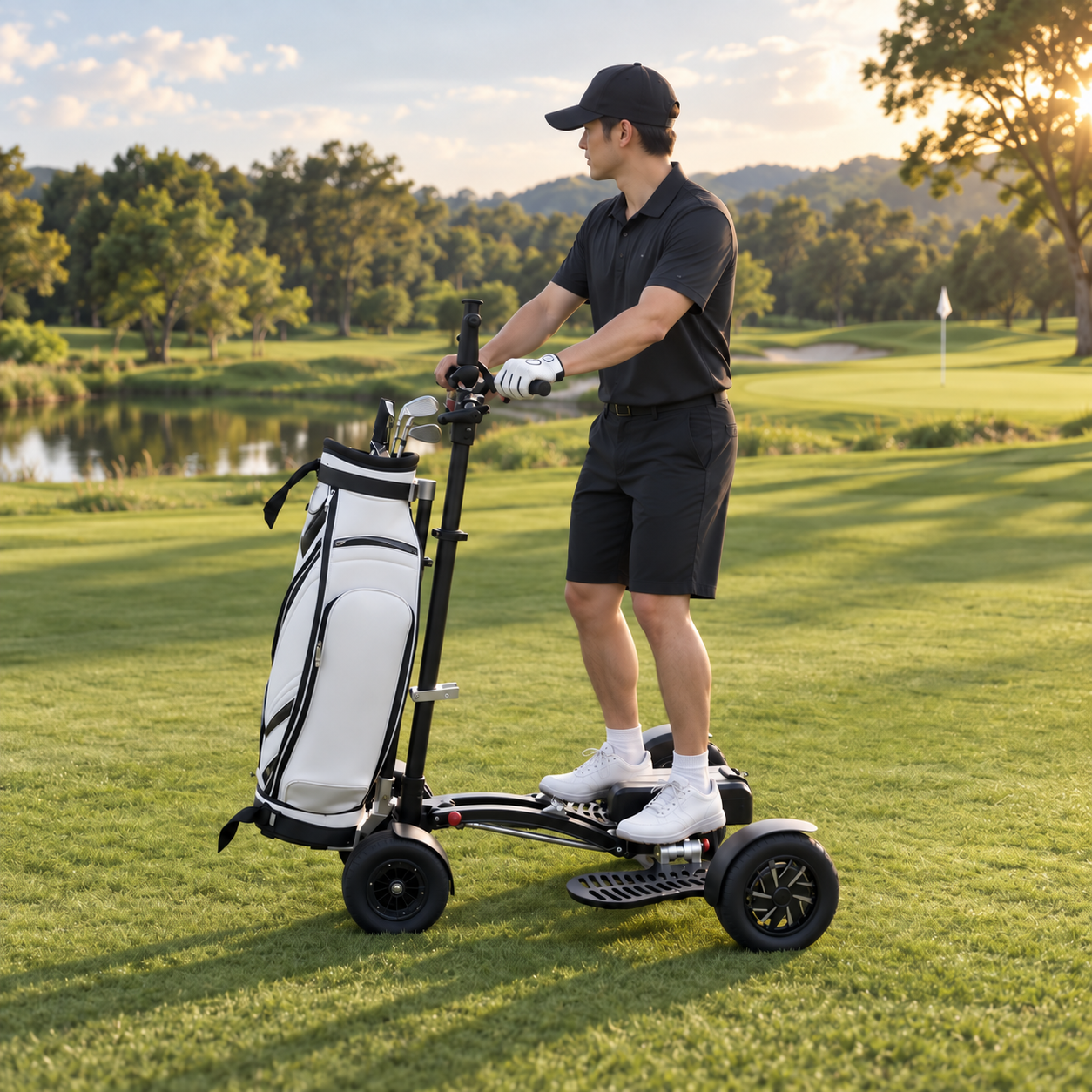 Golfer using a foldable golf trolley scooter on a fairway