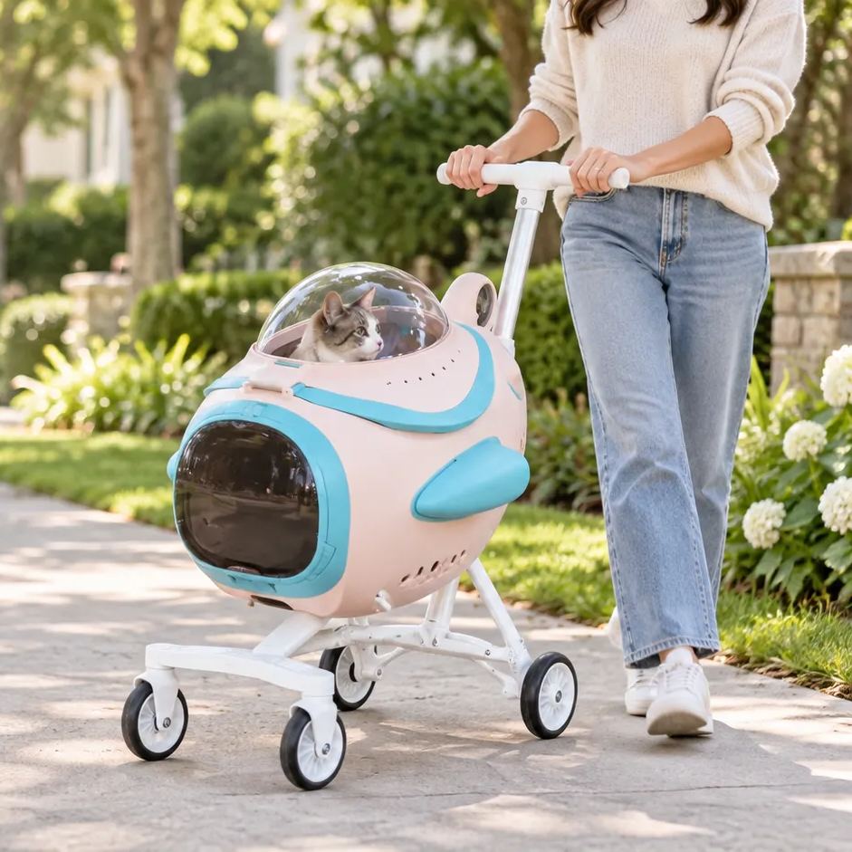 Detachable capsule pet stroller on a neighborhood walk