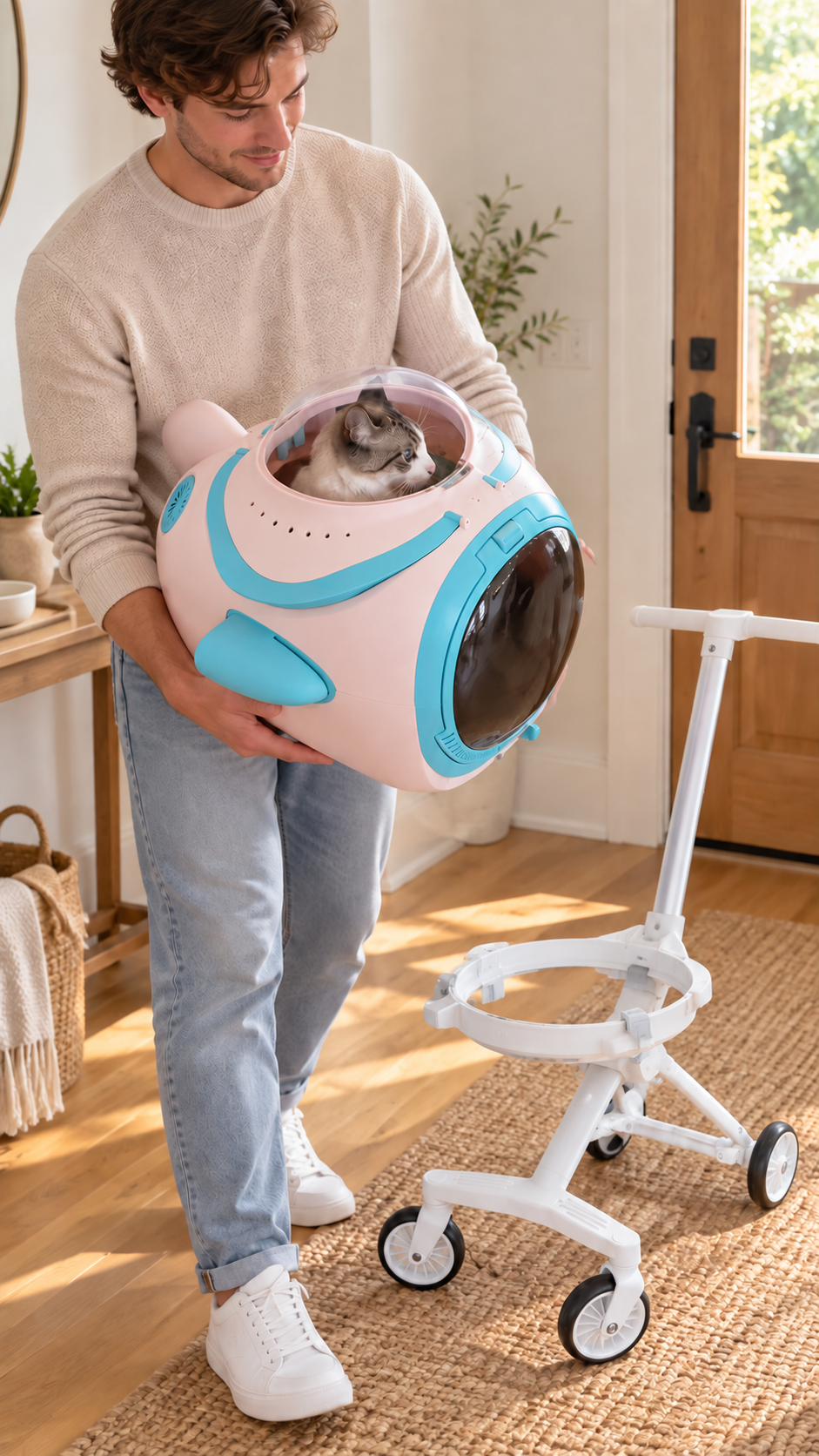 Detachable pet travel capsule held beside its rolling base