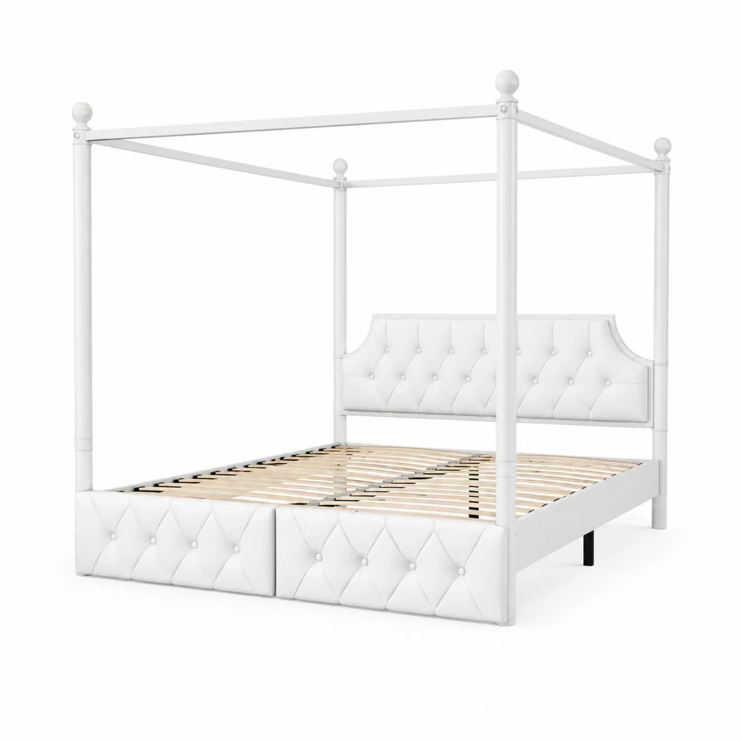 Metallhimmelbett mit Kunstlederkopfteil und Lattenrost Weiß-Dorviorae