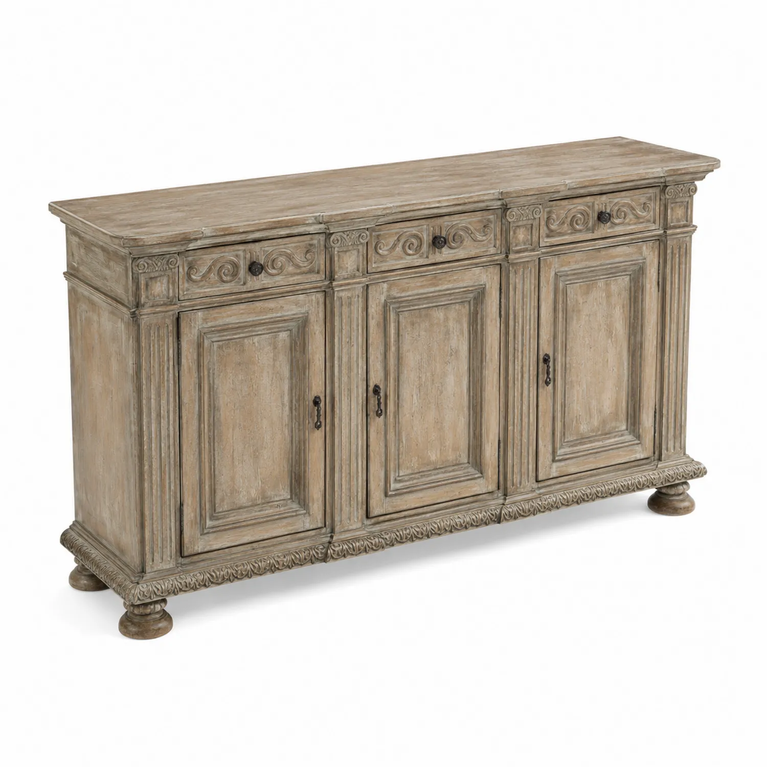 Buffetschrank Holz mit Verzierungen 4 Türen Eichenholz Grau 180cm-Dorviorae