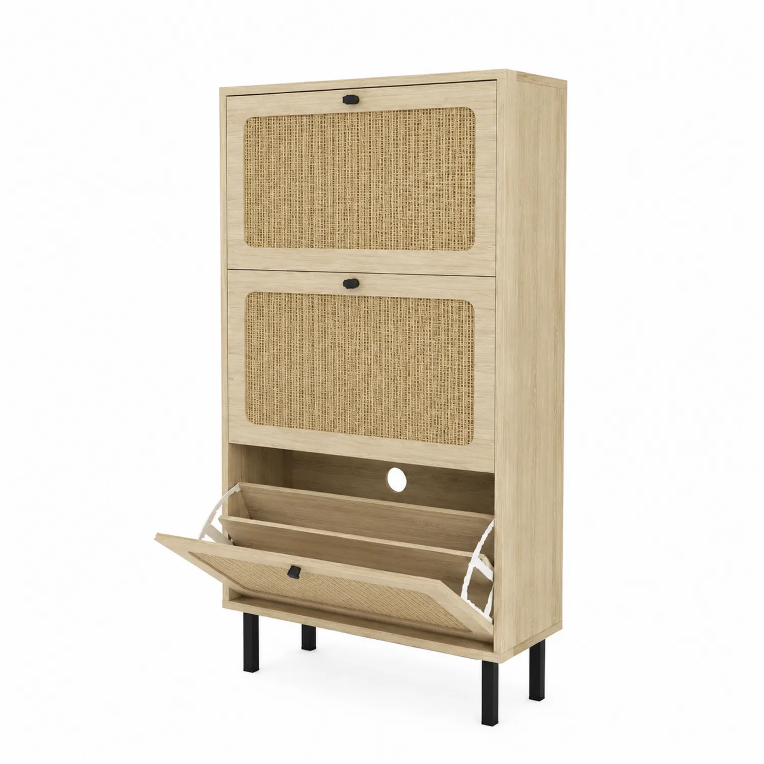 Schuhschrank Holz Rattanoptik mit Metallbeinen, Natur-Dorviorae