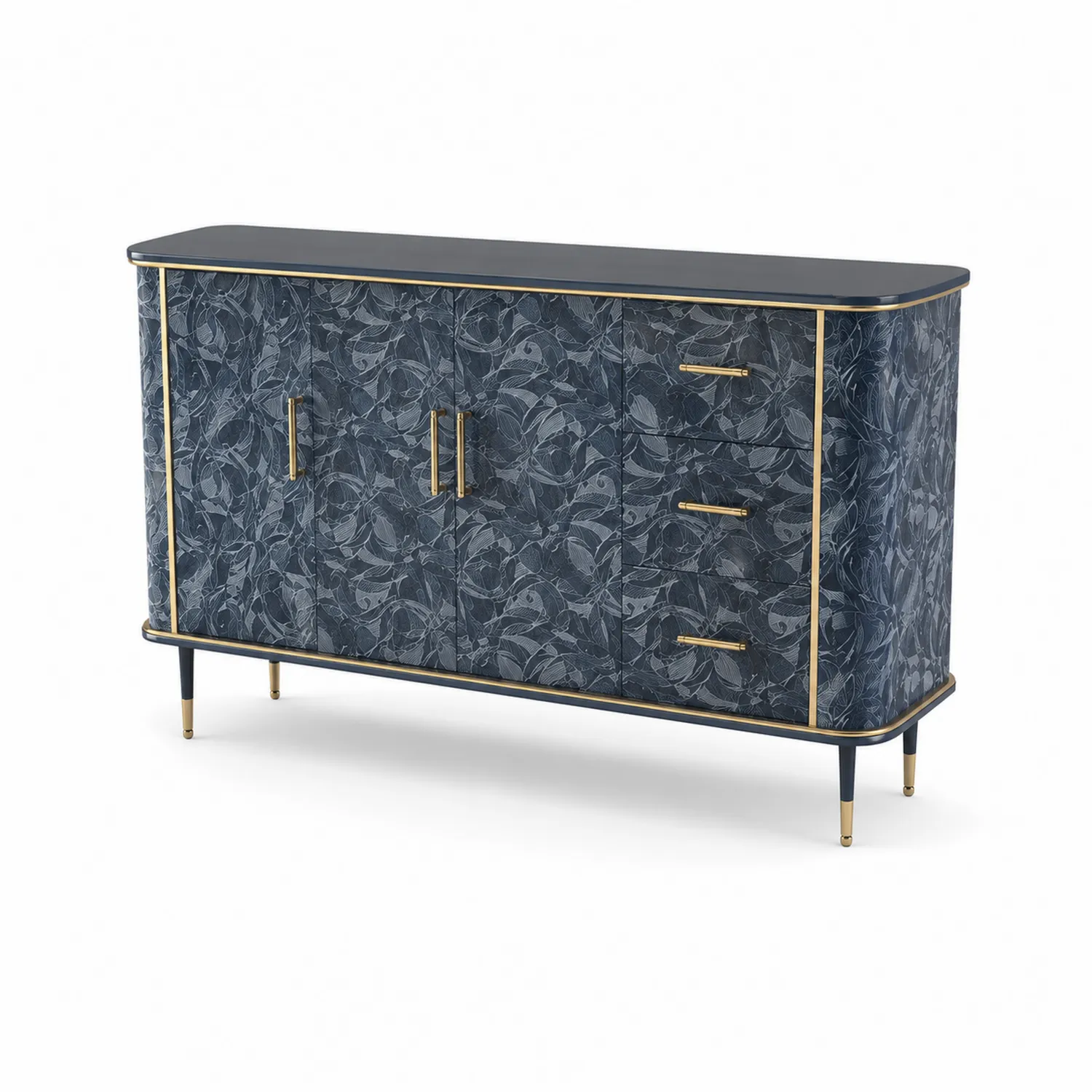 Sideboard aus MDF und Metall mit floralem Muster, 150x40x85 cm, Dunkelblau/Gold-Dorviorae