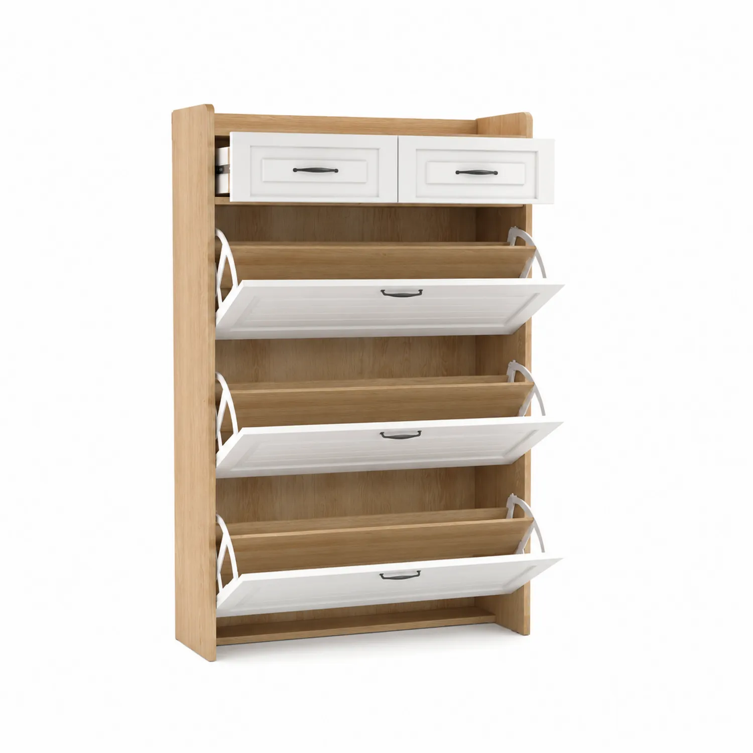 Schuhschrank MDF Eichenoptik Weiß mit 4 Klappen und 2 Schubladen-Dorviorae