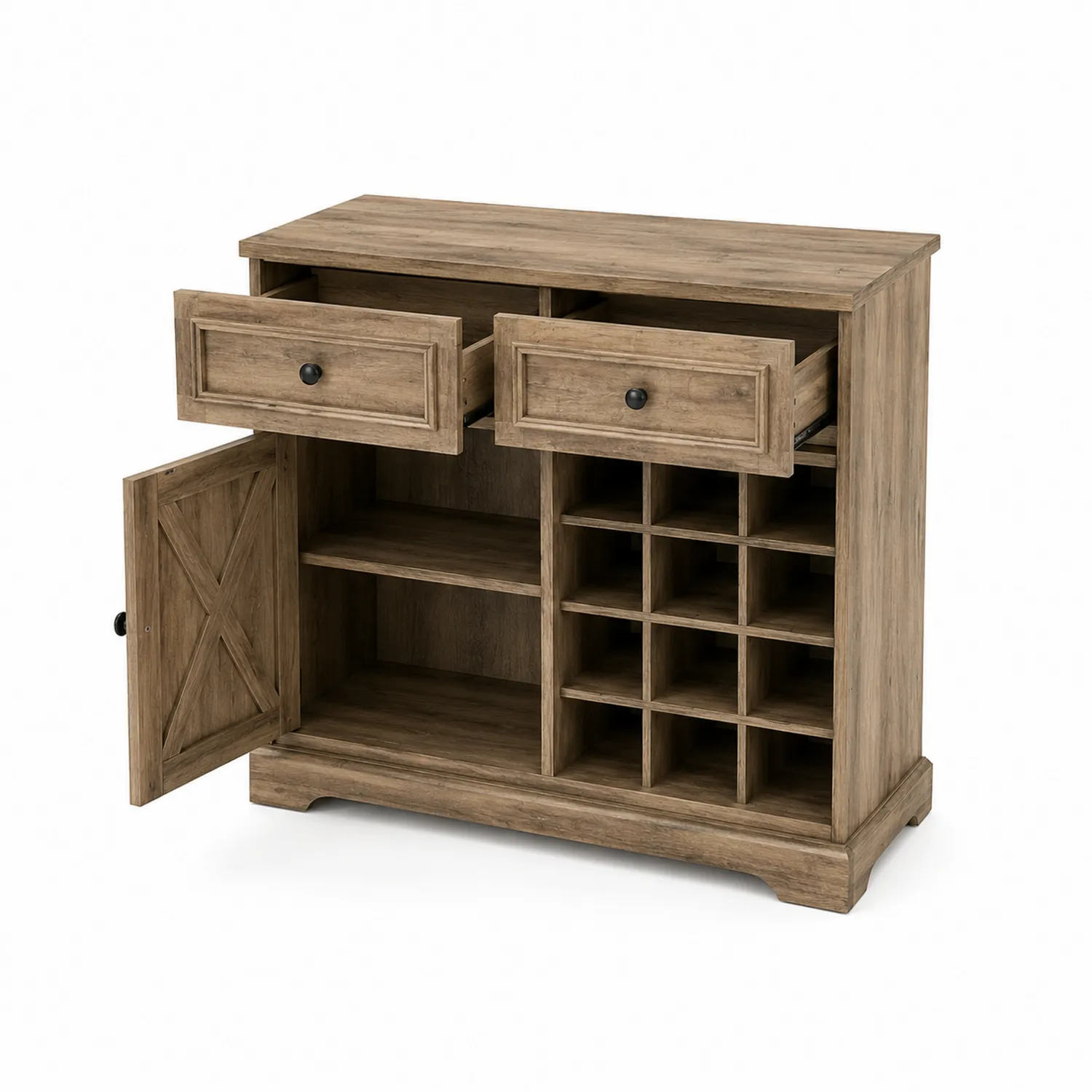 Buffetschrank Kiefernholz mit Schubladen und Weinregal Braun-Dorviorae