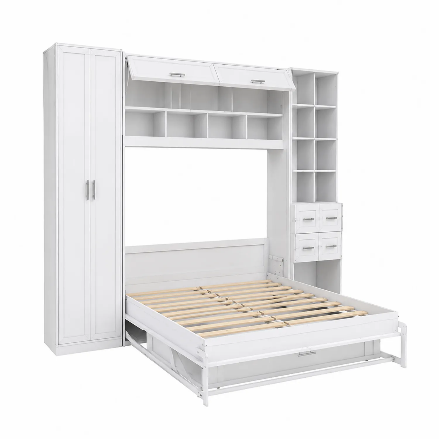Weißes Wandbett mit Schrank und Regalen aus Holzwerkstoff-Dorviorae