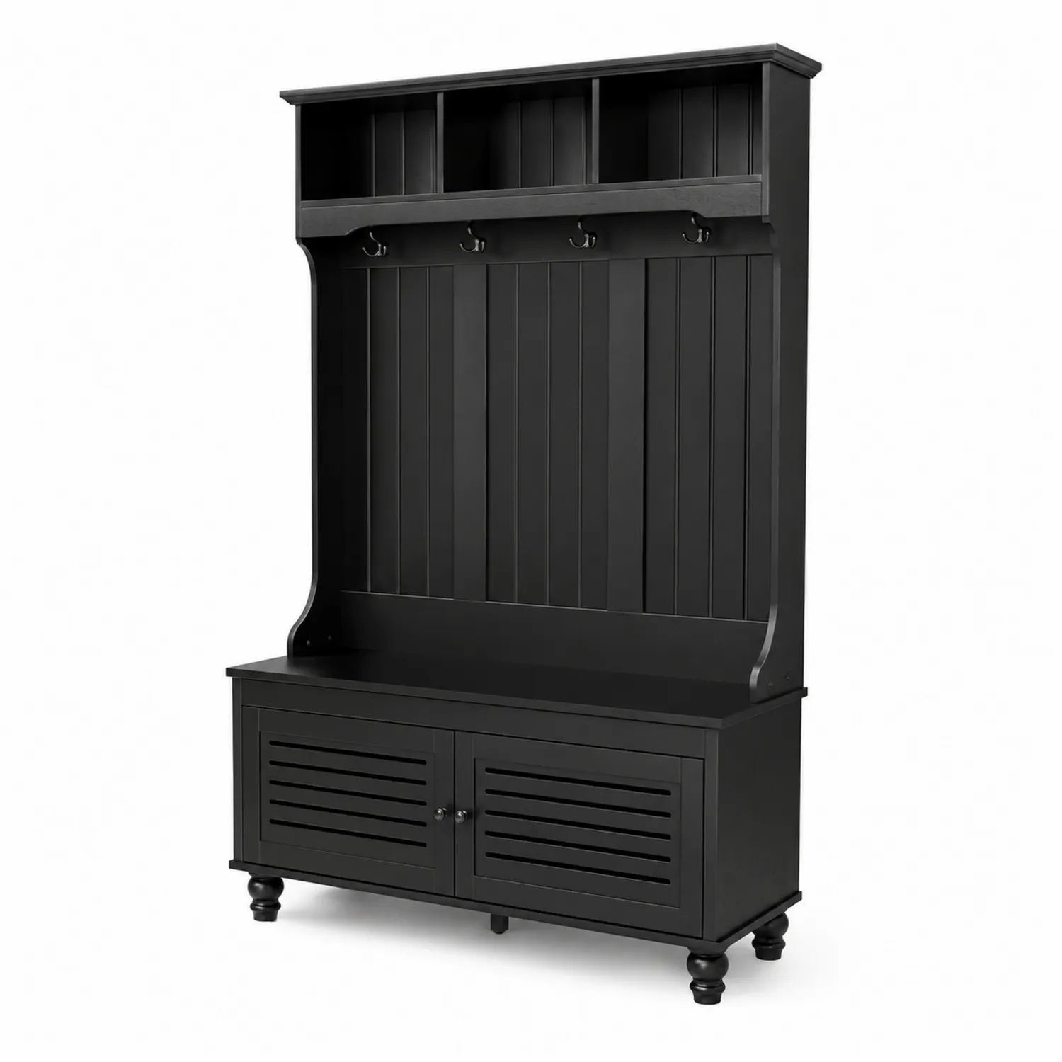 Holzgarderobenbank Schwarz mit Haken und Stauraum-Dorviorae