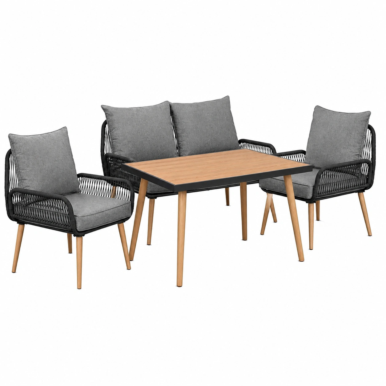 Hochwertige Gartenmobel-Lounge Sienna – Wetterfeste Sitzgruppe fur 4 onen mit Tisch aus WPC und Seilgeflecht – Anthrazit/Holz Design-Woodzena