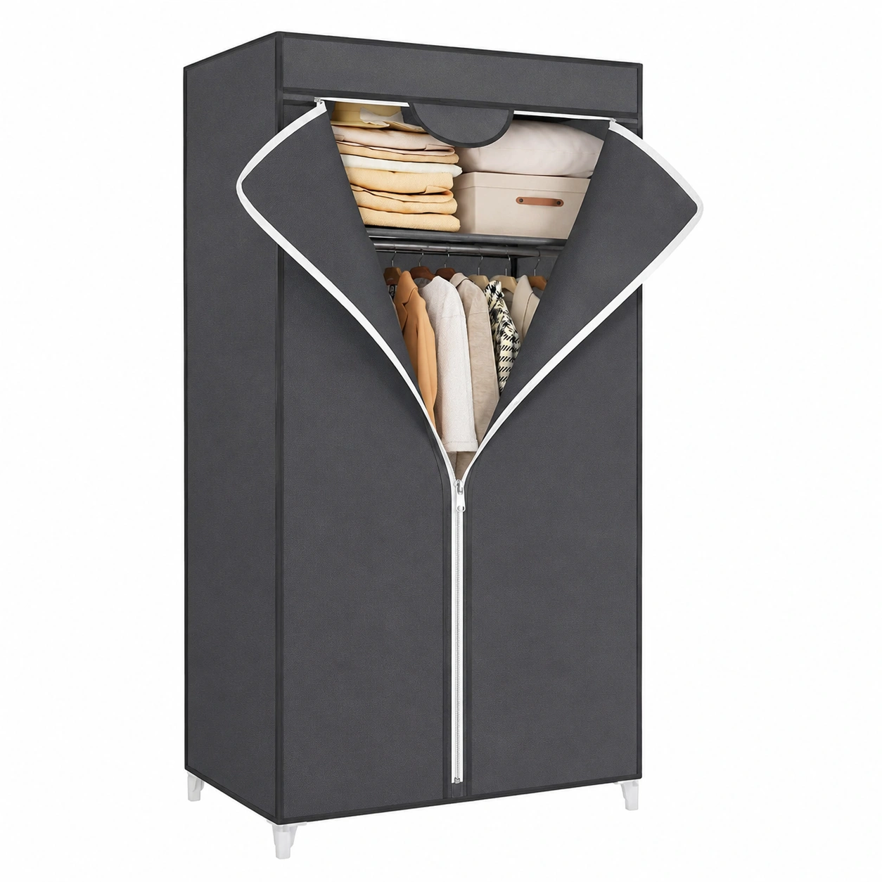 Faltbarer Stra mit Kleiderstange, grauer Organizer fur Schlafzimmer, 75x45x160 cm-Woodzena