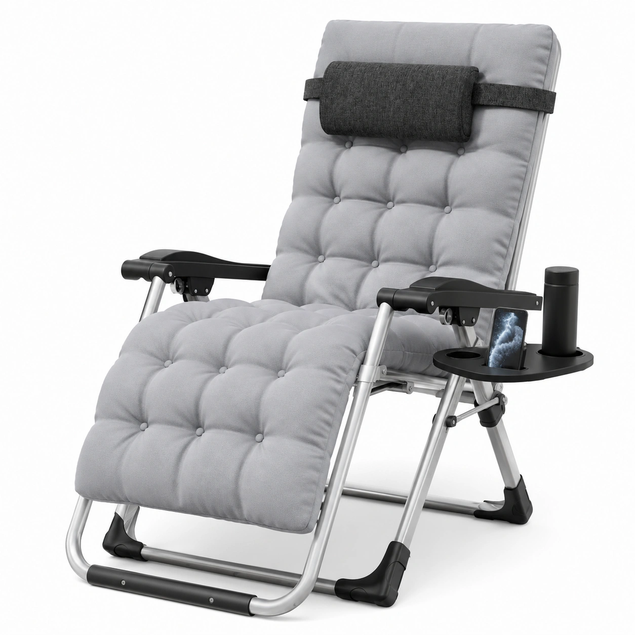 Ergonomischer Zero Gravity Klappstuhl mit Kissen und Becherhalter, belastbar bis 200kg, ideal fur Garten und Strand, Farbe: Grau-Woodzena