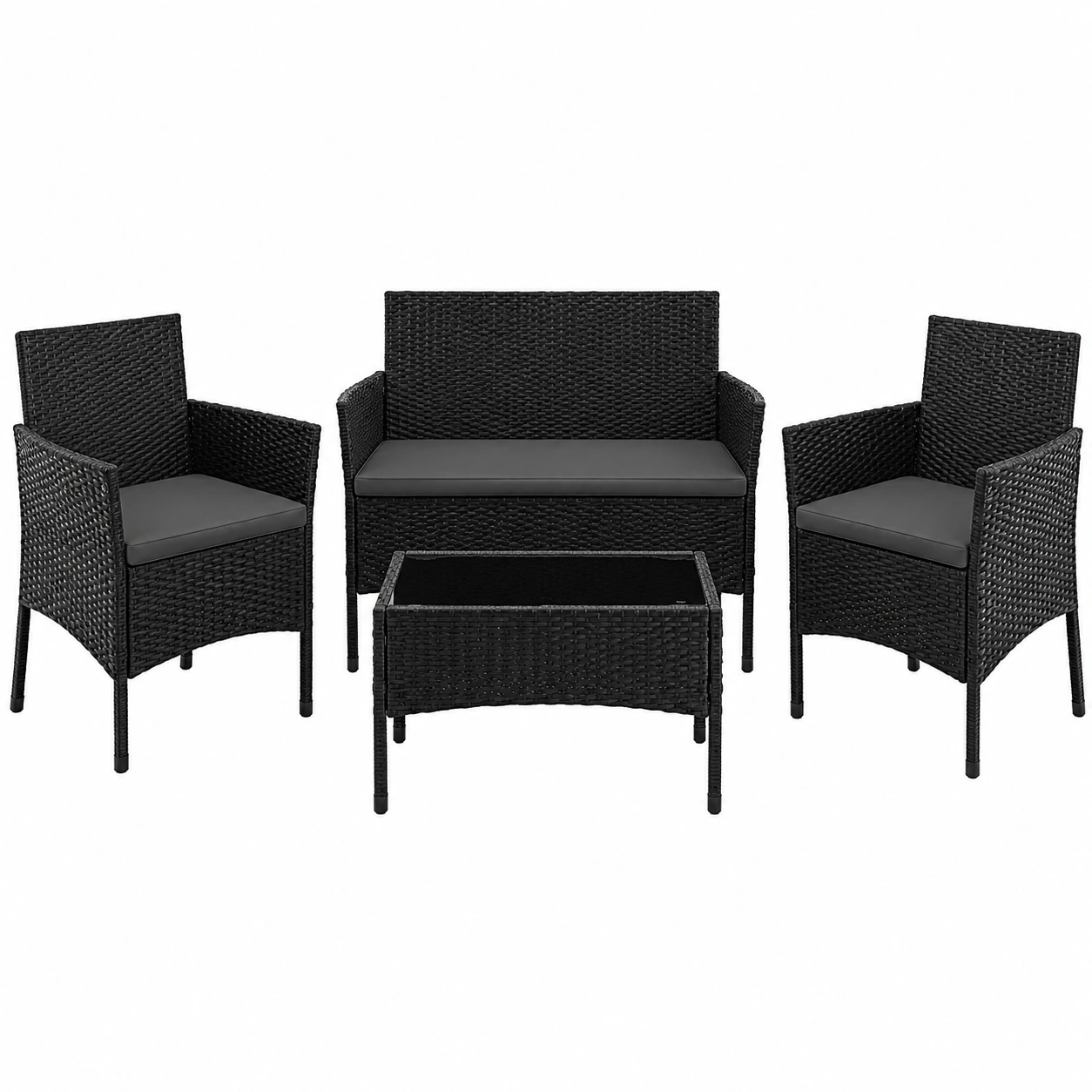 4-teiliges Rattan Gartenmobel-Set mit Kissen, wetterfeste Terrassenmobel in Schwarz und Grau-Woodzena