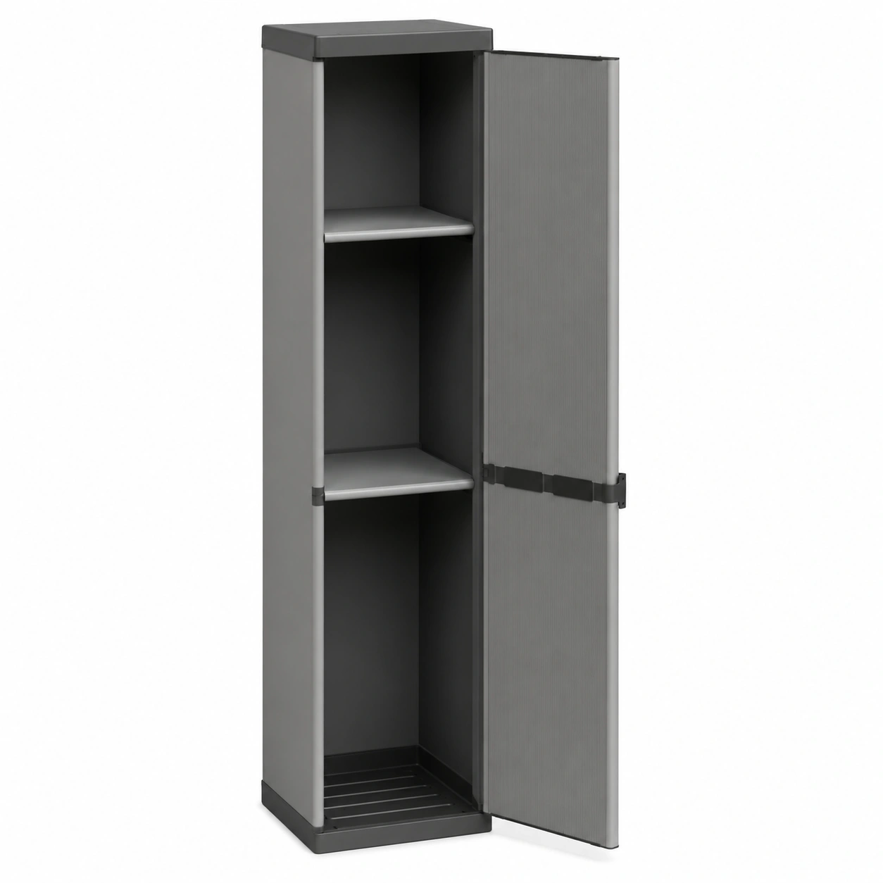 Robuster PVC-Kunststra mit 1 Tur und 3 Regalboden, einfh montierbar, fur Innen- und Aussenbereich, 34x40x165 cm, Grau/Schwarz-Woodzena