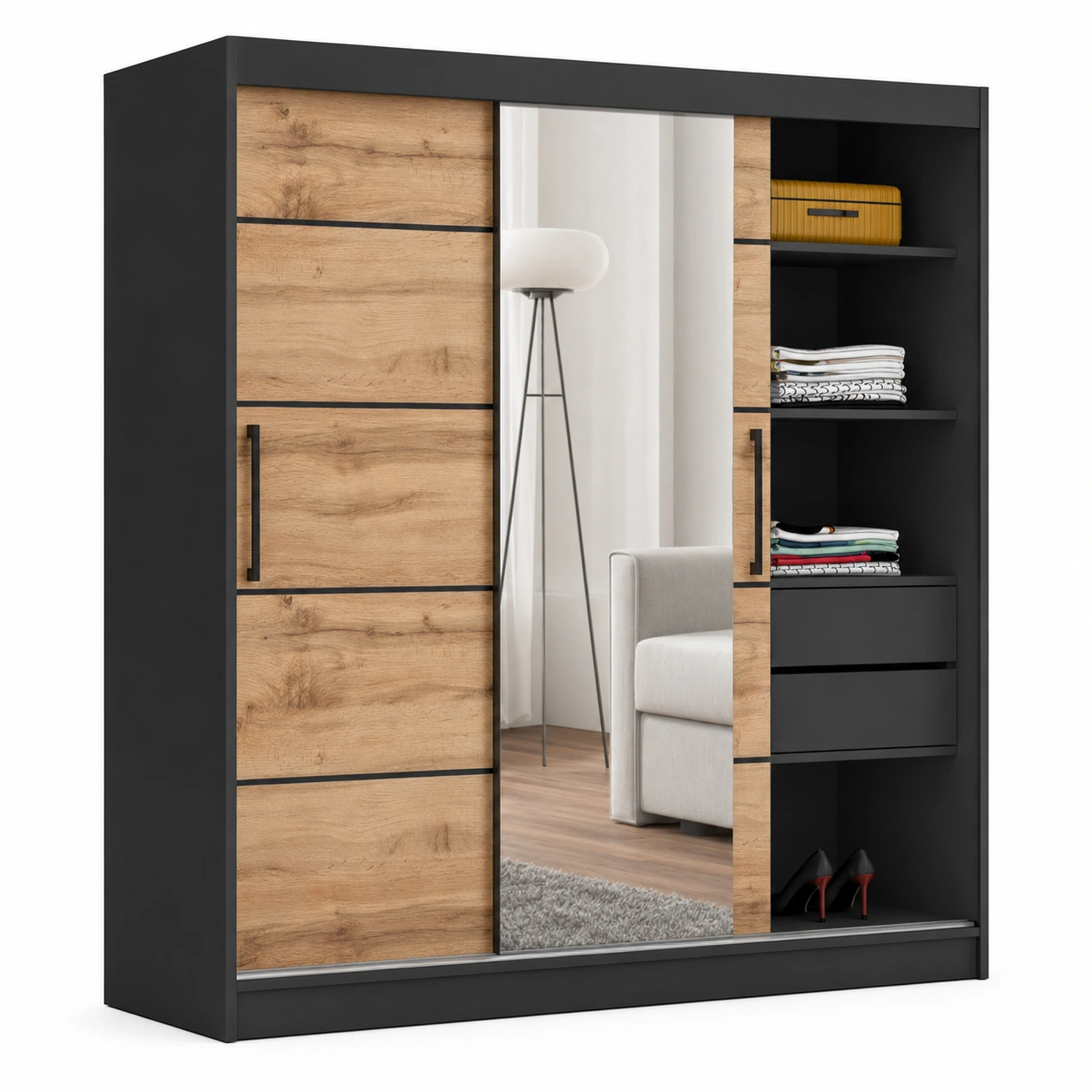 Schwebeturenschra Brent 235cm mit Spiegel und Schubladen - Schwarz/Wotan Eiche-Woodzena