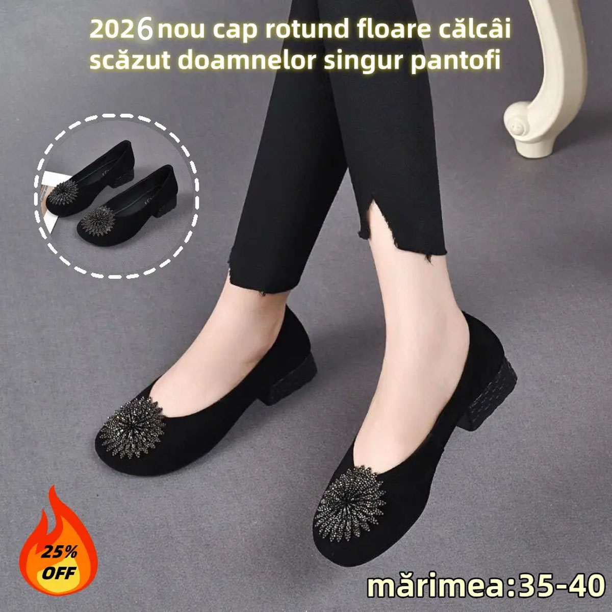 【35-40】2026 nou cap rotund floare călcâi scăzut doamnelor singur pantofi