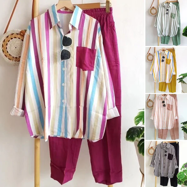 🌸【S-5XL】Neues gestreiftes Frühlingsset, zweiteiliges Set mit langen Ärmeln und Hose.