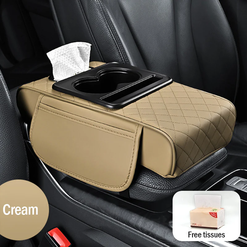 🚗Univerzální kožená podložka na loketní opěrku do auta 4 v 1 ✅ Vestavěný box na kapesníky ✅ Držák na sklenice