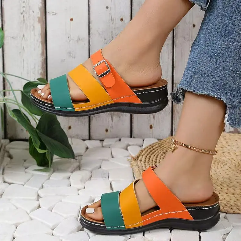 【36-43】 Sandale cu pană contrastante pentru femei Sandale confortabile cu curea la gleznă