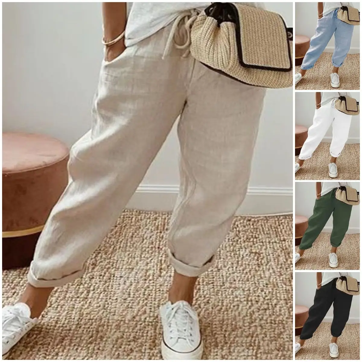 💯Pantaloni casual din bumbac și in pentru femei, vara 2026, noi