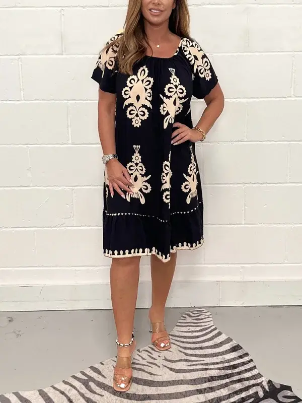 【S-5XL】Rochie cu decolteu pătrat și diverse imprimeuri geometrice