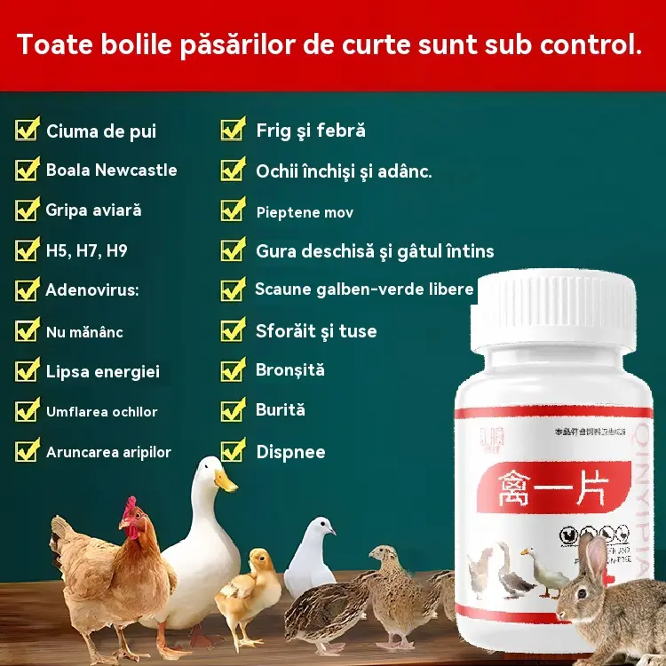 💊💊Medicament pentru tratamentul gripei aviare, racelii, gripei, diareei si tusei la gaini, rate si gaste, 1 flacon cu 100 de tablete.