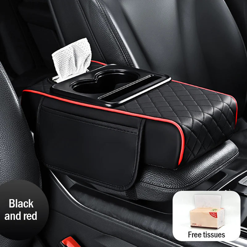 🚗Univerzální kožená podložka na loketní opěrku do auta 4 v 1 ✅ Vestavěný box na kapesníky ✅ Držák na sklenice