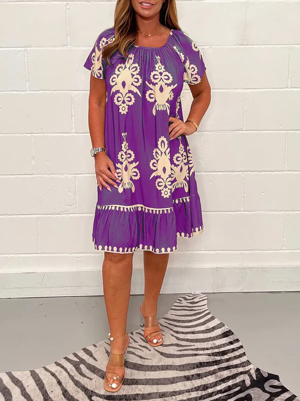 【S-5XL】Rochie cu decolteu pătrat și diverse imprimeuri geometrice