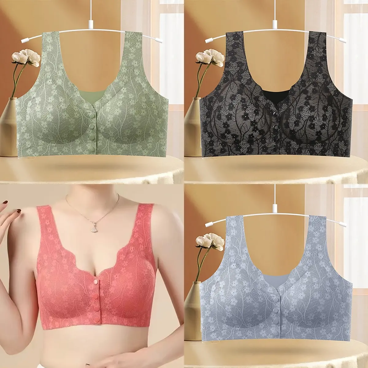 😍【Pachet de 5 bucăți】Sutien fără fir pentru femei cu nasturi în față ❤️【40-100kg】