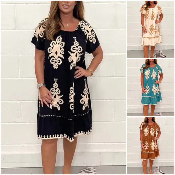 【S-5XL】Rochie cu decolteu pătrat și diverse imprimeuri geometrice