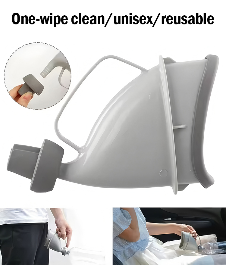 Urinal portabil unisex pentru situații de urgență în călătorii, cu pâlnie pentru utilizare în camping.