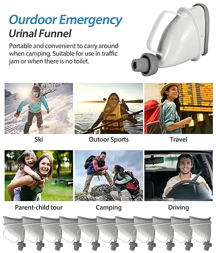 Urinal portabil unisex pentru situații de urgență în călătorii, cu pâlnie pentru utilizare în camping.
