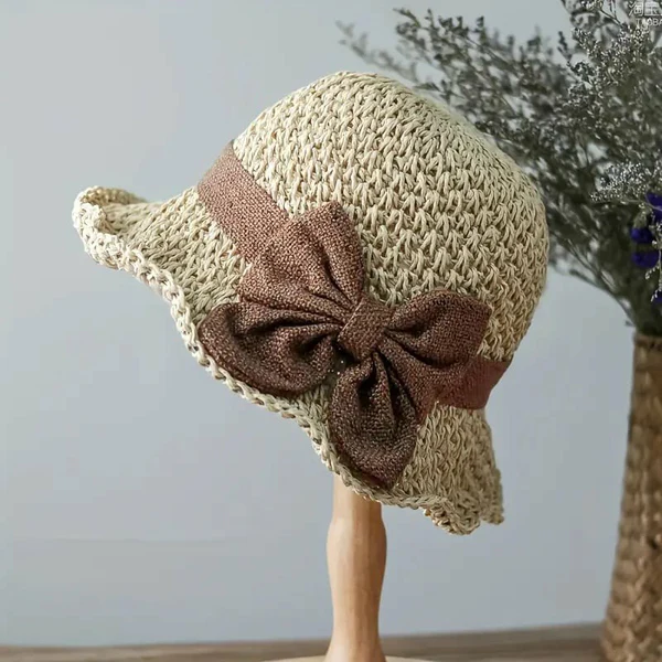 🎀 35% REDUCERE 👒 | Pălărie de paie retro cu fundă – pliabilă și respirabilă pentru vară