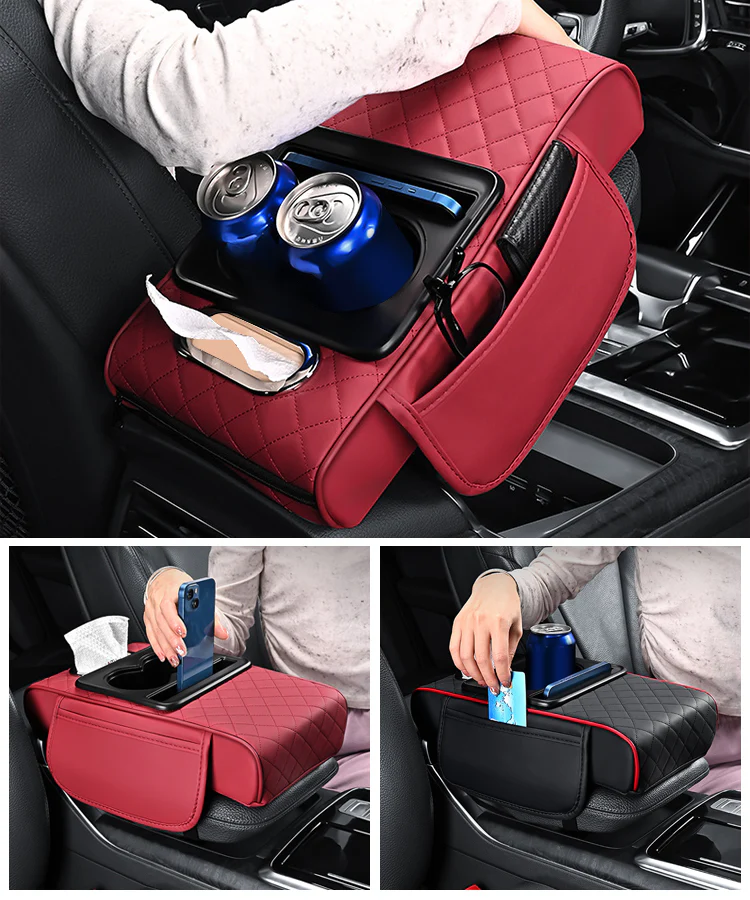 🚗Univerzální kožená podložka na loketní opěrku do auta 4 v 1 ✅ Vestavěný box na kapesníky ✅ Držák na sklenice