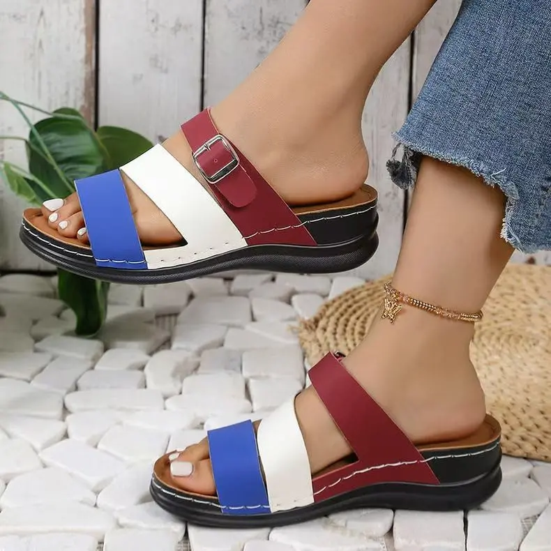 【36-43】 Sandale cu pană contrastante pentru femei Sandale confortabile cu curea la gleznă
