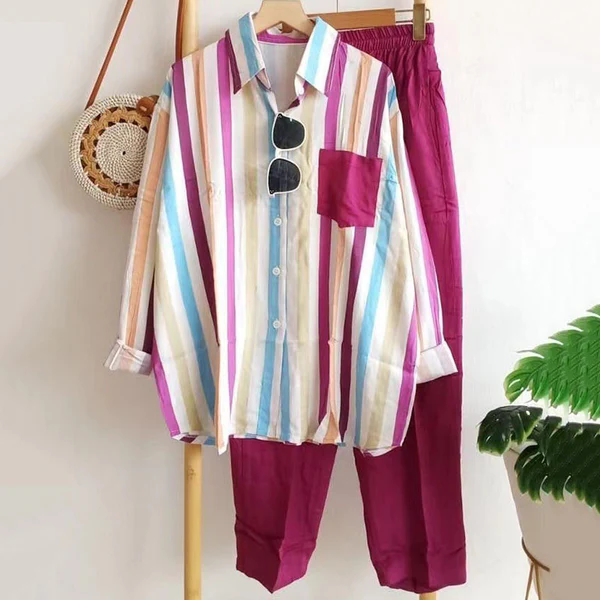 🌸【S-5XL】Neues gestreiftes Frühlingsset, zweiteiliges Set mit langen Ärmeln und Hose.