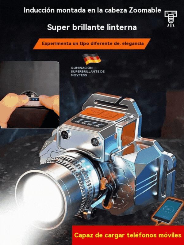 Ultra-bright long-range LED headlamp: adjustable zoom, USB charging and phone charging capability.